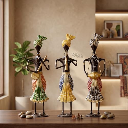 Image of Musical Sardar Set of 3 Handcrafted Rajasthani Musician Figurines, Black Metal Table Decor Showpiece for Office Desk, Corporate Bulk Gifting and Home Ornament (34H cm)