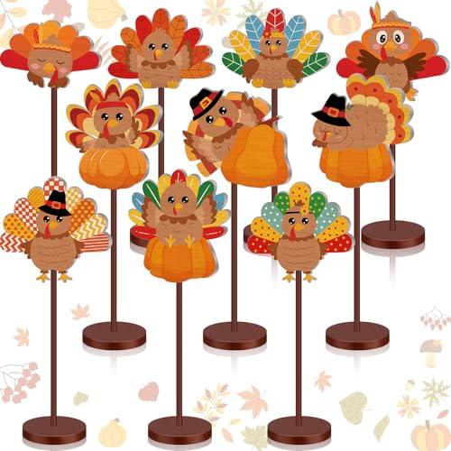 Geelin 10 Pcs Thanksgiving Turkey Decoration Wooden Turkeys Table Decor