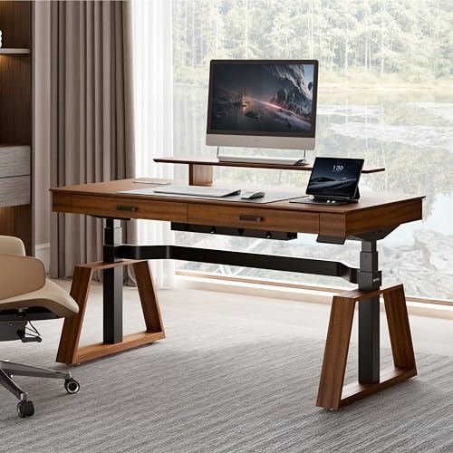 EUREKA ERGONOMIC Standing Desk, 63 inch Executive Desk with Drawers,Modern Trapezoidal Leg Luxury Home Office Computer Desk w Monitor Stand,Red Oak