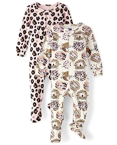 Image of The Children's Place Baby Girls' and Toddler Snug Fit 100% Cotton Zip-Front One Piece Footed Pajamas 2-Pack