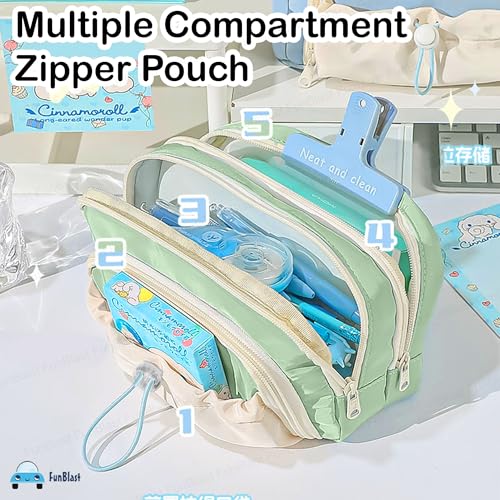 Image of FunBlast Pencil Pouch for Girls - Multiple Compartment Zipper Pouch with Drawstring Pocket, Aesthetic Pouch for Girls, Kawaii Pencil Case, Cute Pouches for Girl, Return Gift for Kids (Sea Green)