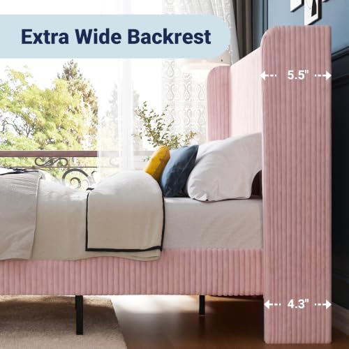 Image of Allewie King Size Platform Bed with Corduroy Wingback Headboard, Pink | 1000 lb Capacity, Corduroy Wingback Headboard, Vertical Channel Design, Wood Slat Support, No Box Spring Needed /Easy Assembly
