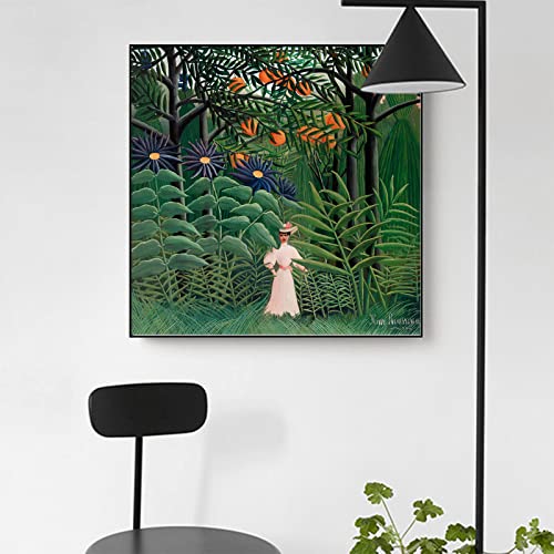 Henri Rousseau Wall Art - Woman Walking In An Exotic Forest Print Poster - Famous Oil Painting Fine Art Reproduction Canvas Landscape Pictures For Living Room Bedroom Bathroom Home Decor Unframed(Woman Walking In An Exotic Forest,12X12In/30X30Cm) #TOP1