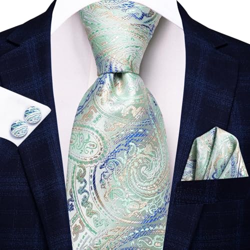 Image of Hi-Tie Paisley Floral Ties Set for Men Silk Mens Stripes Necktie Pocket Square Cufflinks Set Formal Business
