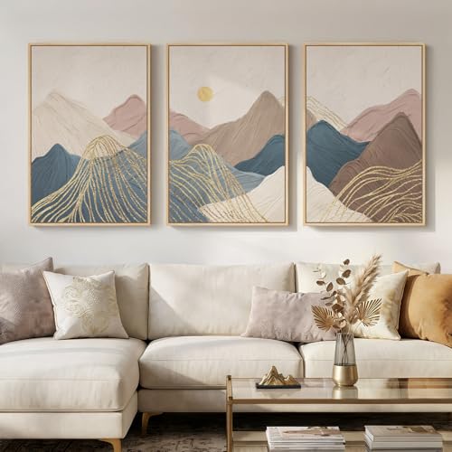 Framed Neutral Abstract Mountain 3 Piece Wall Art for Living Room, 24x36 In