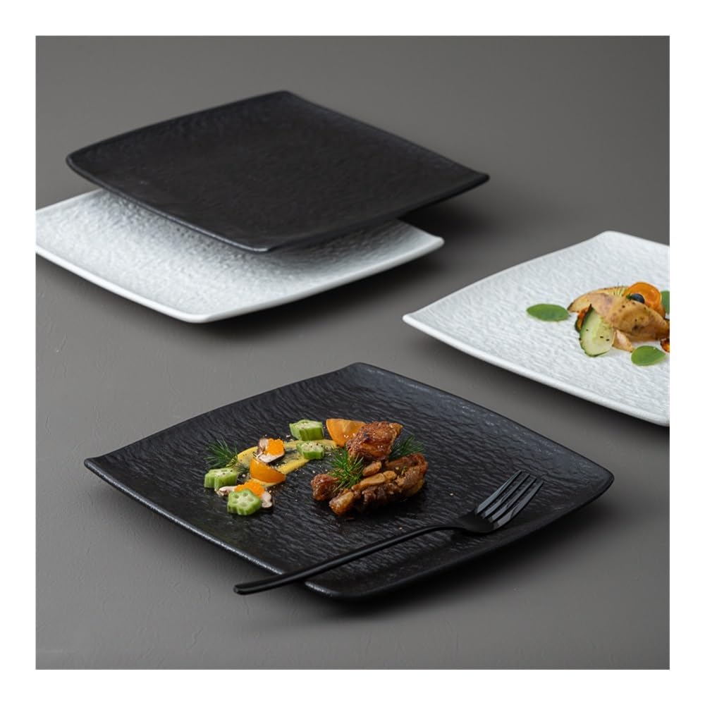 Talerze Obiadowe 9-calowe matowe ceramiczne talerze obiadowe, kwadratowe czarno-białe naczynia grillowe w stylu retro(White)
