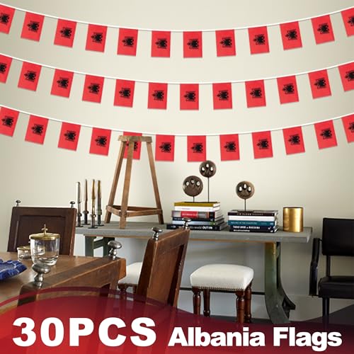 Image of Albania String Flag Pennant Banner, Small Mini Albanian Flags Bunting Banner, National Country Decoration for School, Party, Sports Events, Patriotic Festival, 33 Feet 30 Flags