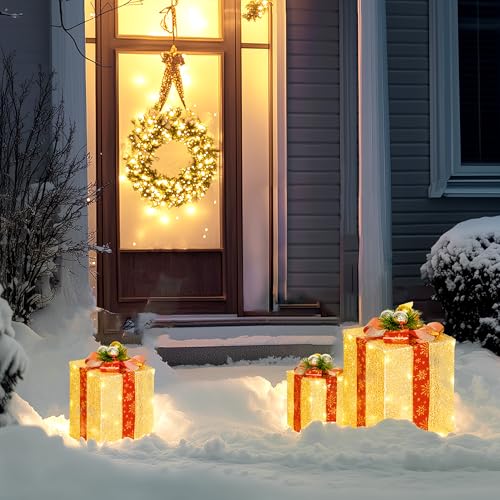 Outsunny LED Weihnachtsdeko 3-teiliges Geschenkboxen mit 58...