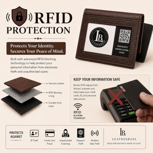 Image of LB LEATHERBOSS Slim Thin Leather Credit Card Triple ID Window Mini Wallet Bifold Driver License Safe (Brown)