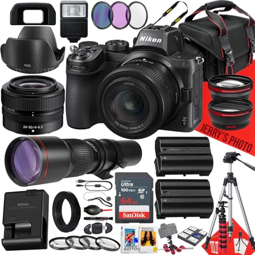 Nikon Z5 Mirrorless Camera with NIKKOR Z 24-50mm f/4-6.3 and 500mm f/8.0 Telephoto Lens + 64 GB Memory + Extra Battery + Filters + Tripod + More (36pc Bundle) (Renewed)