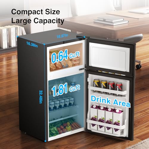 Image of Kismile 2.5 Cu.Ft Mini Fridge with Freezer, Double Door Compact Refrigerator, 3-Level Mechanical Thermostat, Reversible Door&Removable Shelves, Quiet Fridge Ideal for Office, Apartment, Dorm, Black