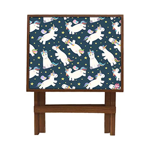 Image of Nutcase Designer Teak Wood Side Table Folding Wooden Bedside Kids Baby Nursery Furniture - Fun and Games - Rainbow Unicorns