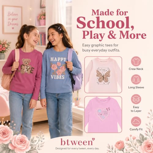 Image of BTween Girls 4 Pack Long Sleeve Graphic T-Shirts Cotton Blend, Fun Vibrant Designs