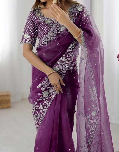 Image of SIRIL Women's Organza Sequence Embroidery Saree With Unstitched Blouse Piece