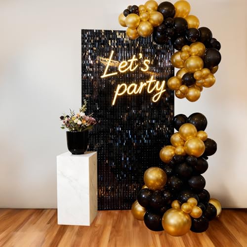 Image of Black Shimmer Wall Backdrop 12 Panels Cover 4 x 3 Ft, Photo Backdrops for Wedding,Anniversary,Birthday,Party Decoration