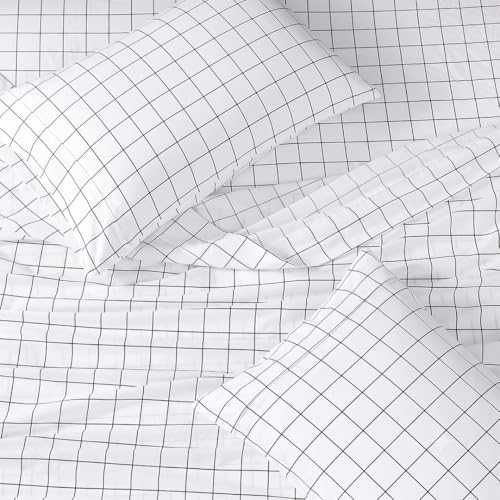 Image of LANE LINEN 100% Organic Cotton Bedsheet for King Size - Windowpane Charcoal | GOTS Certified, Percale Weave, 108x108 inches, Soft & Breathable, Machine Washable, Includes 2 Pillow Covers