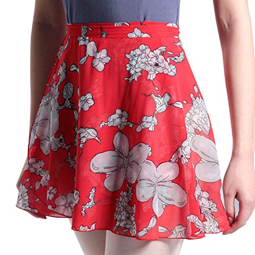 118143014 Baiwu Wrap Short Ballet Skirt Floral Printing Chiffon Dance Skirt (M, Red)