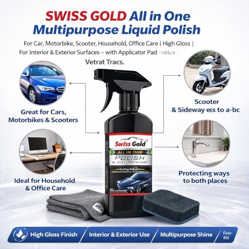 Image of All in One Multipurpose Liquid Polish for Car, Bike, Scooter, Household, Office Care | High Gloss | For Interior & Exterior Surfaces - with Applicator Pad and Microfiber Cloth (250ml)