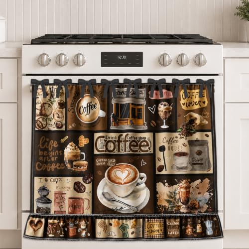 Koazava Coffee Bar Farmhouse Oven Skirt Curtain for Stove, Rustic Coffee Lover Tie Top Oven Curtain with Ruffle Trim, Decorative Stove Cover for Cozy Kitchen Decor, Cotton Blend Oven Skirt