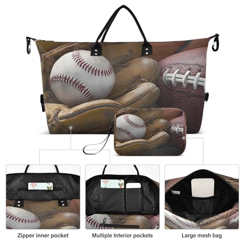 Baseball Football Basketball Large Travel Duffle Bag Weekender Overnight Bags Gym Yoga Bag for Women Men with Toiletry Bag2