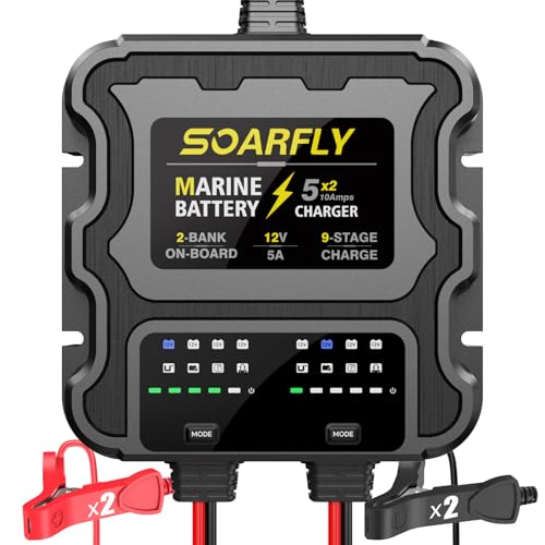 SOARFLY 2 Bank Marine Battery Charger, 10A (5A/Bank) 12V Waterproof On BOAD Boat Battery Charger, Battery Maintainer & Desulfator for SLA/AGM, Lithium (LiFePO4), Calcium & Deep-Cycle Battery