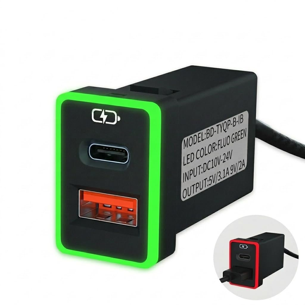 B&DOG XSIN Car Charger,for Toyota Type-C USB Port Socket,QC3.0 Fast Charge,Charging with Light Turn Red.Show,Compatible with Smartphones and Tablets,etc.（Green/Red-1.3x0.9inch）