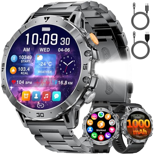Montre Connectée Homme, 1.7'' HD Montre avec 1000 mAh, Smartwatch Homme Appel Bluetooth, Militaire LED Lampe, Fréquence Cardiaque, Moniteur de Sommeil, 114 Modes Sport, IP68 Étanche pour Android/iOS