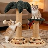Juego de Juguetes interactivos 6 en 1 para Gatos con Pelota giratoria, Plumas, sisal y Yute Poste rascador, Tabla rascadora y Juguete, Mueble rascador, Juguete de Madera para Gatos con Plumas