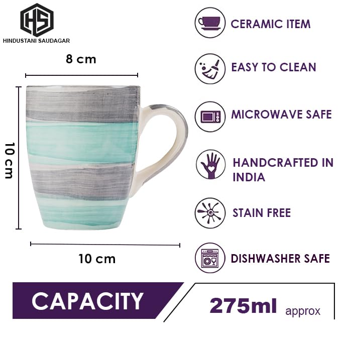 HINDUSTANI SAUDAGAR Aqua Mist Coffee Mug Set of 6 (275 ML Each) Microwave Safe Coffee Mugs Ceramic Milk Mug Ceramic Tea Mug Set Handmade Cup Best for Gift.