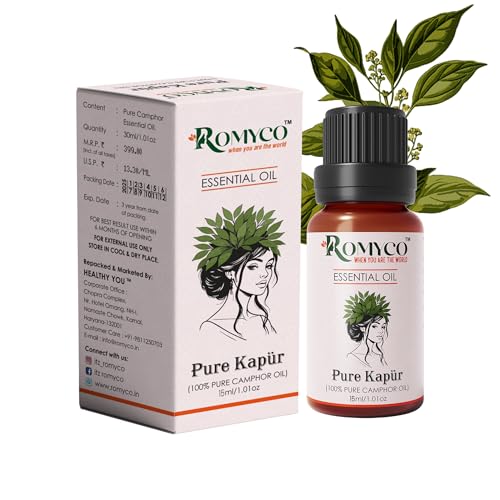 ROMYCO PURE KAPUR CAMPHOR Essential Oil 15 ML for Respiratory Relief, Cough & Cold, Muscle Relaxation, Pain Relief | Natural Air Freshener | Aromatherapy Diffuser | Natural, Premium & Undiluted