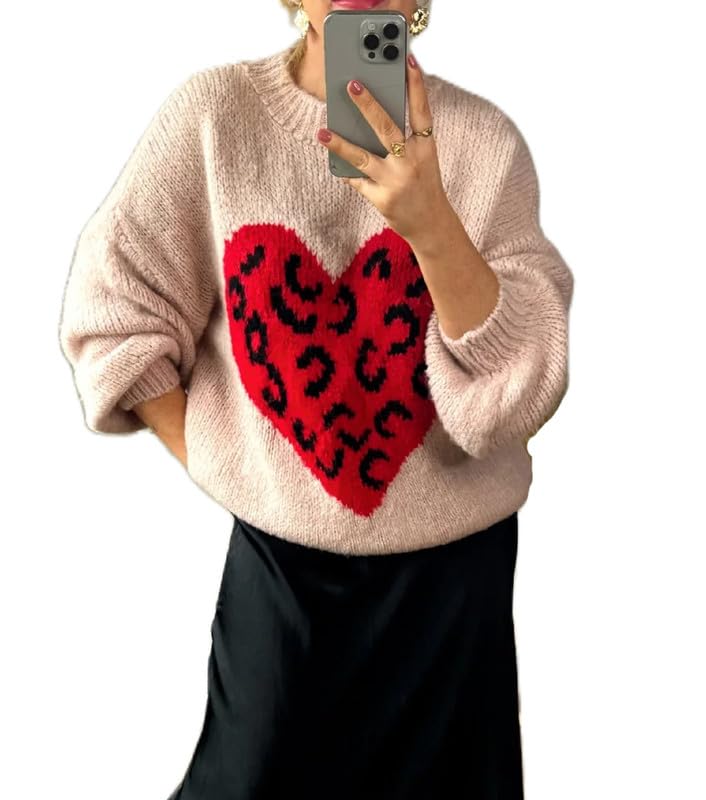 Image of Women Heart Print Knit Pullover Sweater Long Sleeve Round Neck Love Pattern Sweaters Trendy Valentine Knitted Sweater
