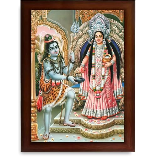 Image of CRAFT QUEST Shiva & Maa Annapurna devi sitting on throne photo frame with Acrylic glass for Kitchen Worship (10 X 13 Inches)