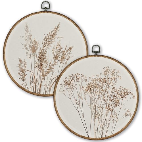 TLESKE Beige Rustic Fall Botanical Round Wall Art Decor Set of 2, Boho Autumn Wildflower Floral Framed Canvas Prints Wall Art Artwork, Neutral Vintage Wall Hanging Decor for Farmhouse Bedroom Living Room 10x10
