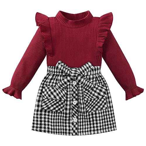 Image of Weixinbuy Toddler Girl Fall Winter Clothes Solid Long Sleeve Ribbed T-Shirt Knit Tops Plaid Button Mini Skirts Set Outfits