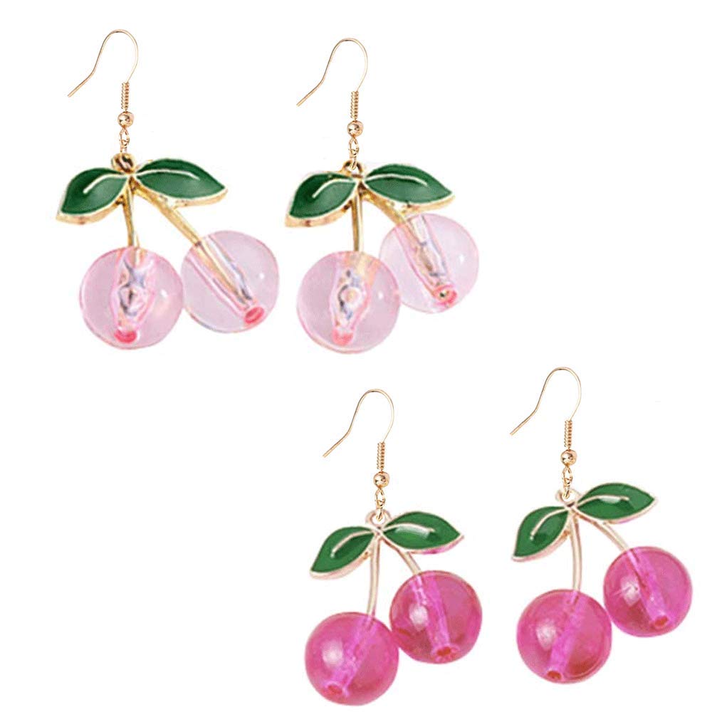TIANHONGYAN 2 Pairs Charm Cute 3D Green Leaf Red Cherry Dangle Earrings Fruits Tassel cerise Hook Drop Statement Earrings Set for Women Girls Jewelry
