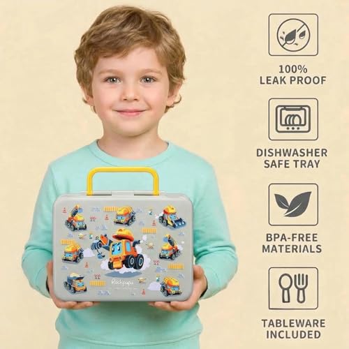 Image of rockpapa 5.5 Cups Bento Lunch Box for Kids, 5-Compartment, Constr Trucks