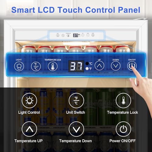 Image of 24 Inch Beverage Refrigerator with Glass Door, Undercounter Beverage Fridge 200 Cans Large Capacity, Beverage Cooler for Beer Soda with Reversible Door, Temperature Control, Safety Lock, White