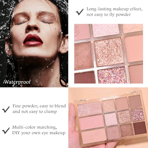 Image of SUAKE Nude Pink Eyeshadow Palette, Matte & Shimmer, High Pigmented 12 Colors Brown Purple Eye Shadow Primers for Eye Makeup, Korean Powder Palet de sombras de ojos (04# Red Bean)