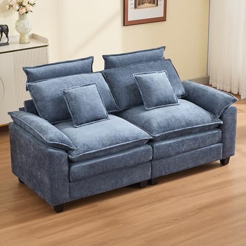Image of 72'' Cloud Modern Loveseat Couch with Detachable Headrest, Modular Sectional Sofa Couch Deep Love Seat, Oversized 2 Seater Chenille Comfy Sofa with Armrests for Living Room, Blue