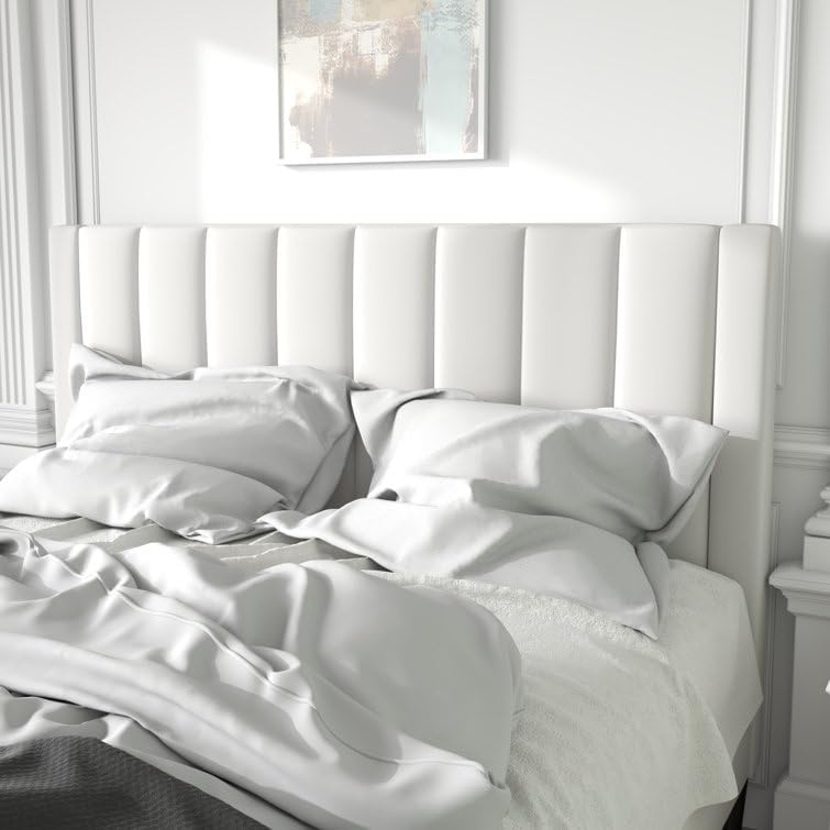 Image of HITHOS Modern Upholstered Queen Size Bed with Wingback Headboard | Wooden Double Bed Cot Palang Without Storage for Living Room Bedroom Home (White)