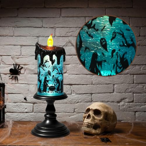 Image of Eldnacele Halloween Snow Globe Flameless Candle with Timer, Battery Operated Spooky Spinning Water Glittering Tornado Lamp LED Candlestick Table Fireplace Witch Decal Halloween Holiday Decoration