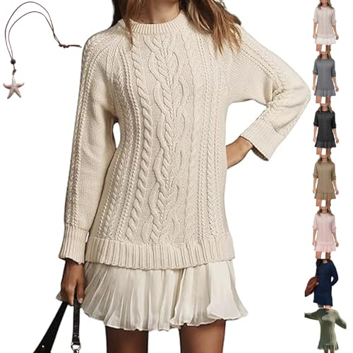 Women Crewneck Cable Knit Sweater Mini Dress Soft Cozy Pleated Long Sleeve Fall Casual Patchwork Style Outfit