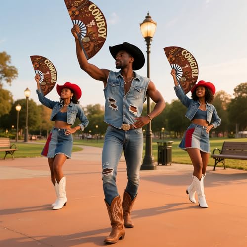 Image of Cowgirl Fans for Line Dancing, 13inch Large Hand-held Flat Fan Western Style Popping Fan for Party, Festival, Club, Dancing
