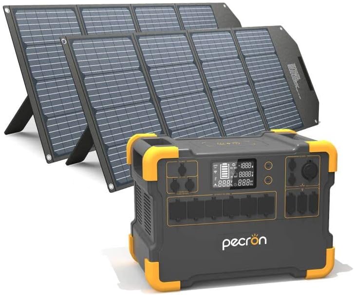 Pecron E3000 Portable Power Station with two solar panels