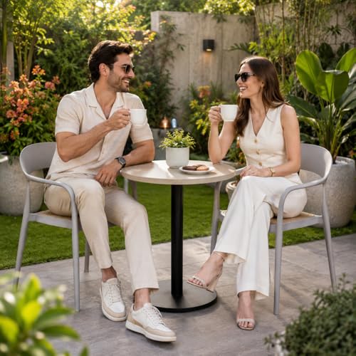 Image of Rattan Style Outdoor Chair | Set of 2 Grey Plastic Arm Chair for Garden, Balcony, Patio & Cafe | Lightweight Weather Resistant Seating | 3 Year Manufacturing Warranty