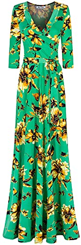 Image of Women's 3 /4 Sleeve V-Neck Printed Maxi Faux Wrap Dress Green Yellow L
