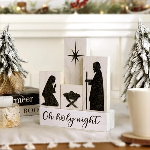 Treory X1152_LB 5 Pcs Block Nativity Sets Christmas Decorations Indoor, Black Silhouette Nativity Figures On White Block Set, Home Decor For Indoor Home Display, Tabletop thumb #3