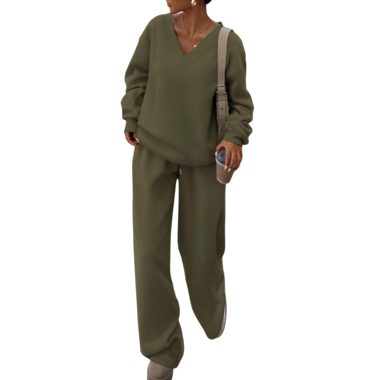 Ensemble deux pièces pour femme sweat-shirt à col V pantalon à jambes large