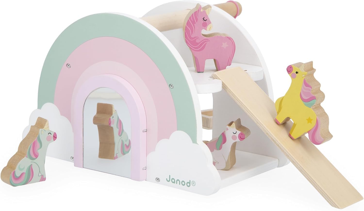 Janod - Holzhaus der Einhörner - Thema Einhorn - FSC Holzspielzeug - Inklusive 6 Zubehörteile: 4 Einhörner, 1 Haartrockner, 1 Bürste, 1 Schaukel, 1 Rutsche - Ab 18 Monate - J08591