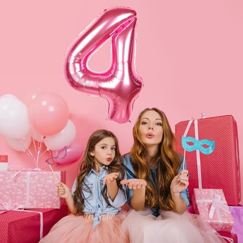 Image of 40 Inch Giant Hot Pink Number Balloon, Mylar Foil Helium Hot Pink Balloons for Birthday Party, Number 4 Balloon for Birthday Decorations, Hot Pink 4 Birthday Balloon